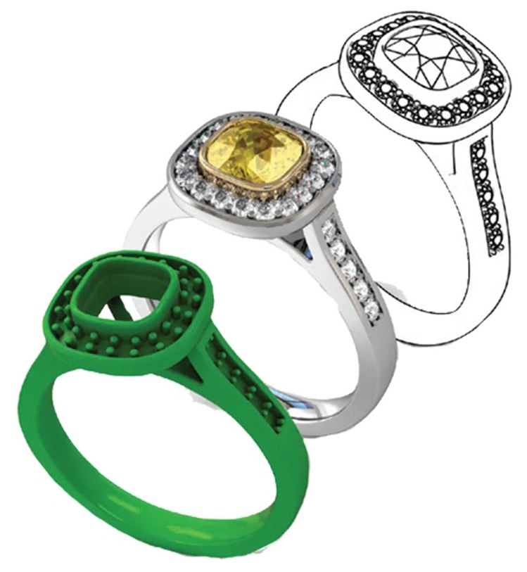From CAD to casting: a green resin print of a halo ring, the finished cast and set ring, and the original line drawing