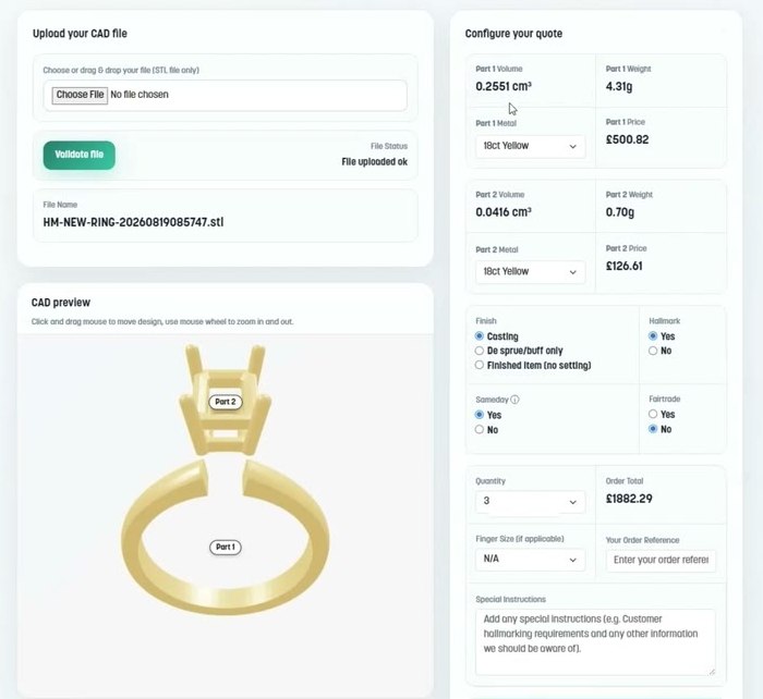 FastCAD screen showing an uploaded STL file, the 3D CAD preview of a two-part ring and the instant quote with metal, finish and quantity options